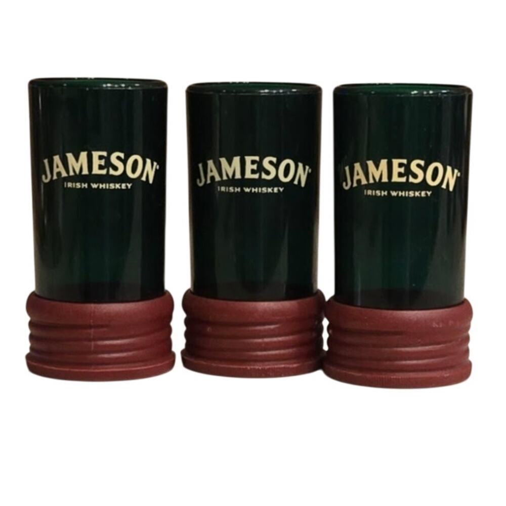 Jameson (3) VTG Irish Whiskey Shot Glasses Green w/Red Mirrors Base Bottle Cap
